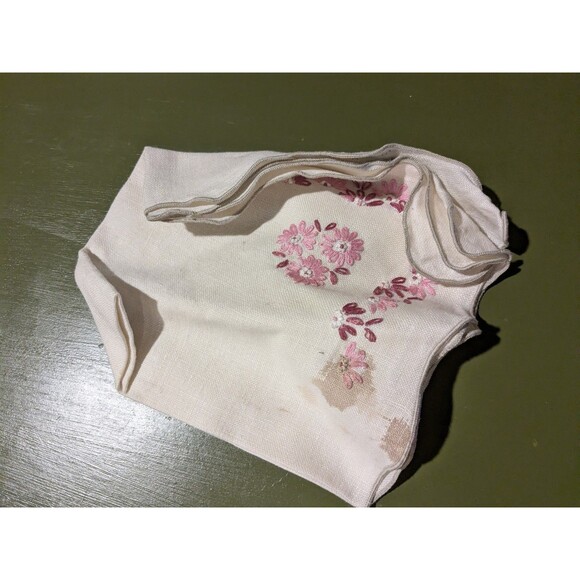 Vintage EMBROIDERED Rectangular Tablecloth Beige With Pink Floral + 6 Napkins - Picture 10 of 10